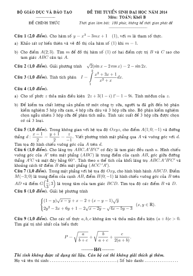 đề thi và đáp án môn toán khối b năm 2014