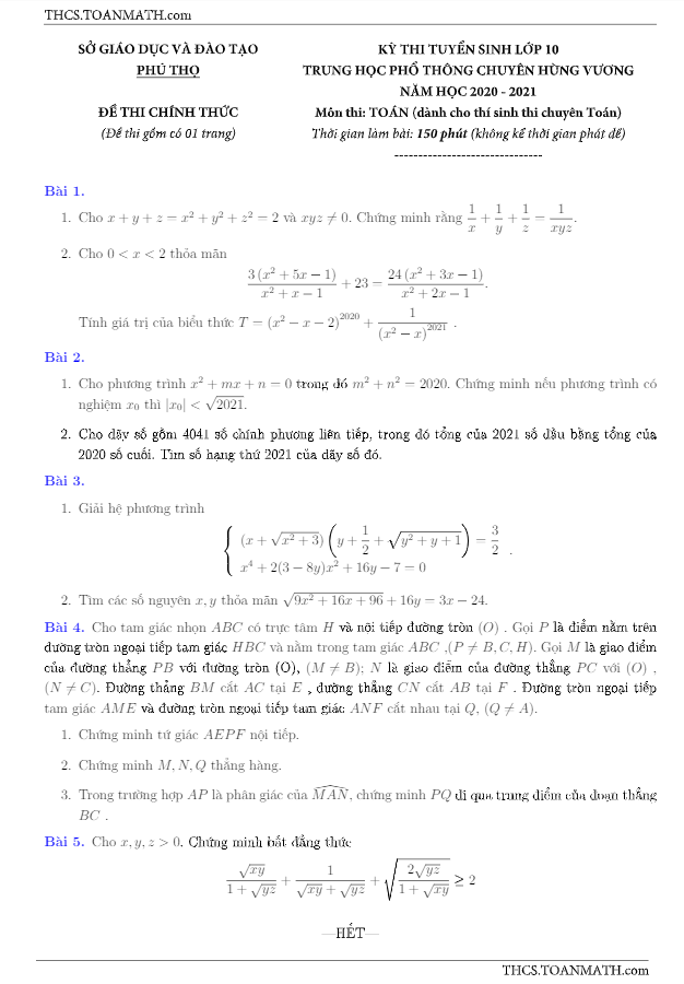 đề thi vào 10 môn toán (chuyên) năm 2020 – 2021 trường chuyên hùng vương – phú thọ