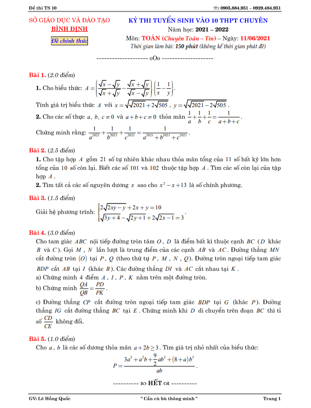 đề thi vào 10 môn toán (chuyên toán – tin) năm 2021 – 2022 sở gd&đt bình định