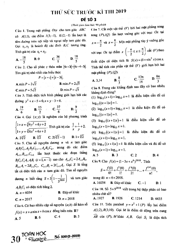 đề thử sức trước kỳ thi thpt quốc gia 2019 môn toán – toán học tuổi trẻ (đề số 3)