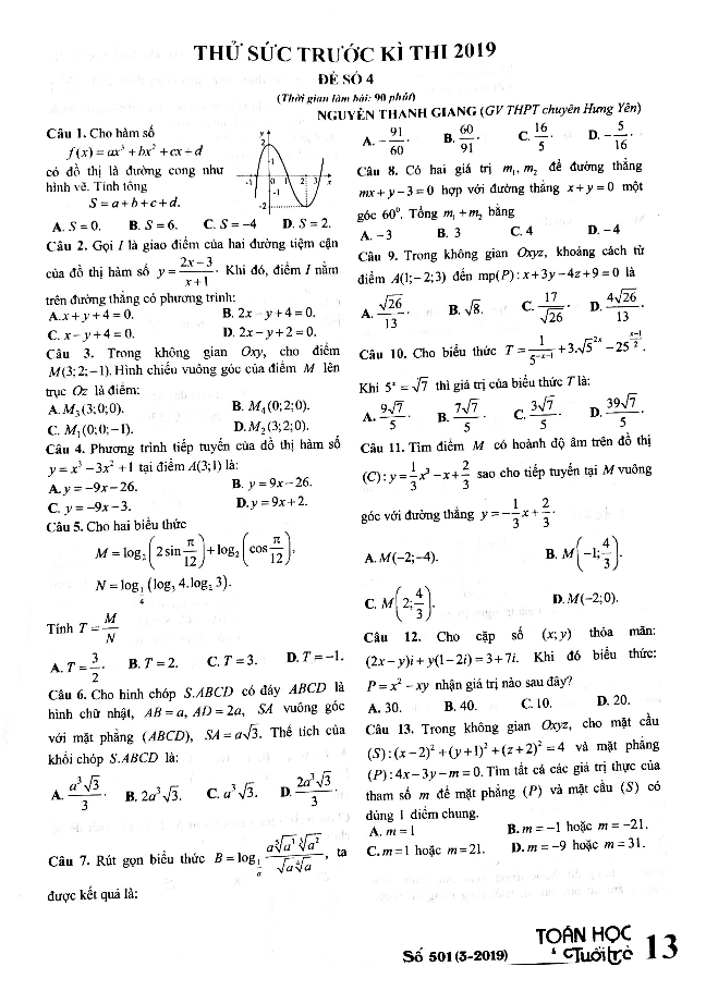 đề thử sức trước kỳ thi thpt quốc gia 2019 môn toán – toán học tuổi trẻ (đề số 4)
