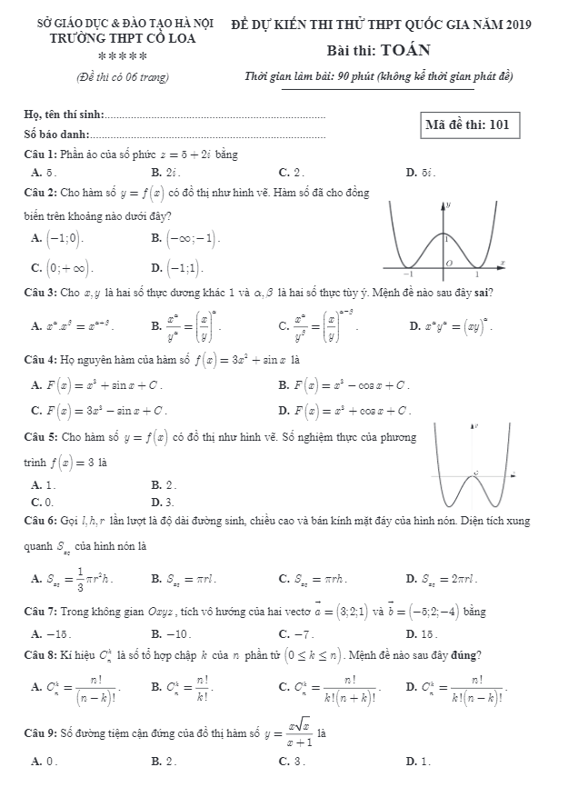 đề toán dự kiến thi thử thpt quốc gia 2019 trường thpt cổ loa – hà nội