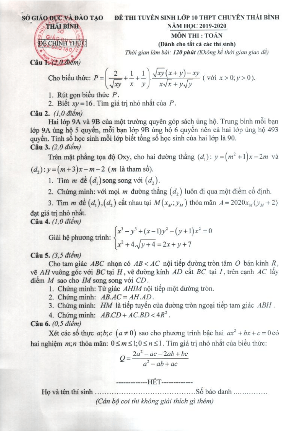 đề toán tuyển sinh lớp 10 năm 2019 – 2020 trường chuyên thái bình (vòng 1)
