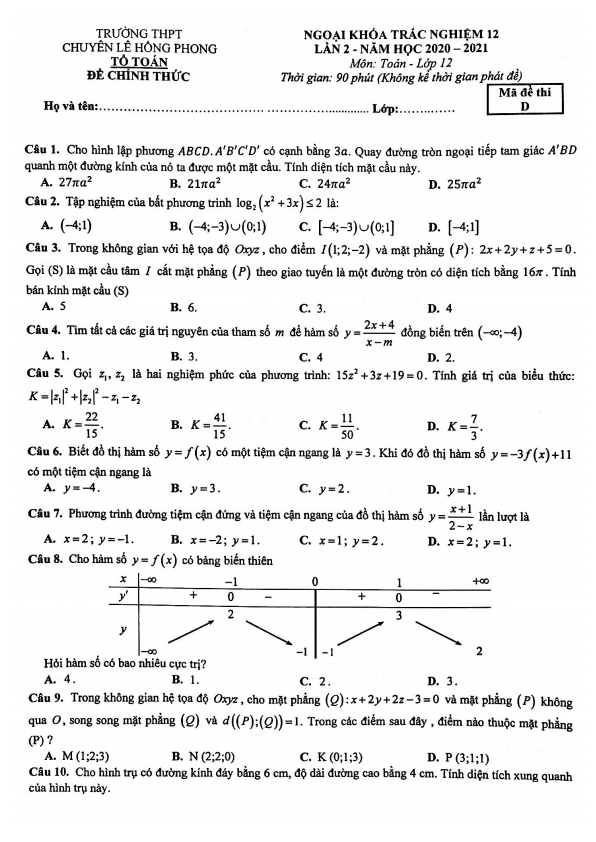 đề trắc nghiệm toán 12 lần 2 năm 2020 – 2021 trường chuyên lê hồng phong – tp hcm