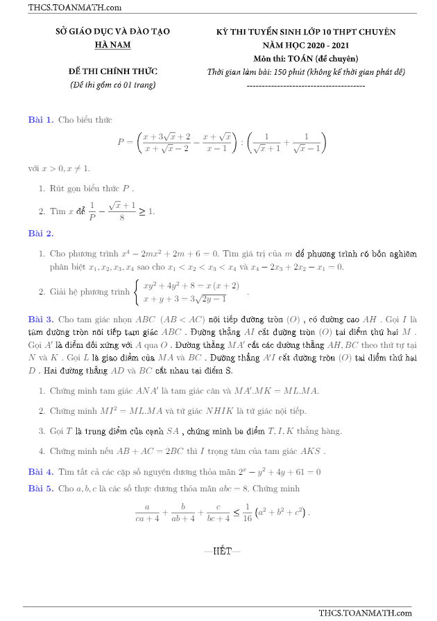 đề tuyển sinh 10 chuyên môn toán năm 2020 – 2021 sở gd&đt hà nam (chuyên)