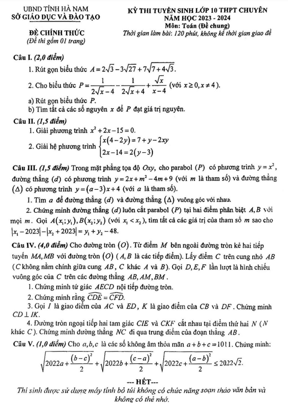 đề tuyển sinh lớp 10 chuyên môn toán (chung) năm 2023 – 2024 sở gd&đt hà nam