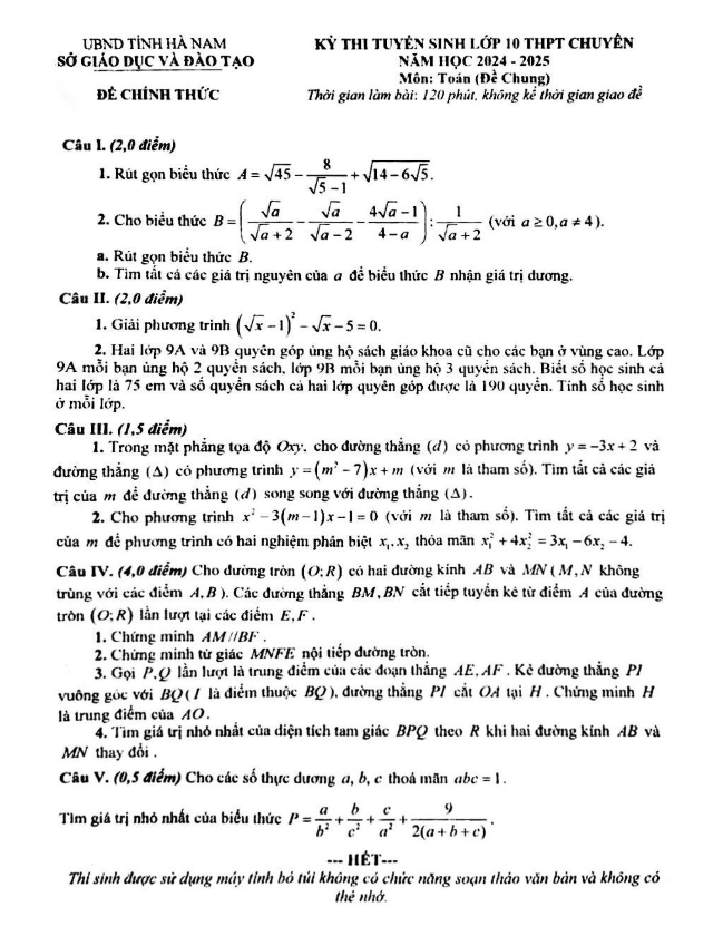 đề tuyển sinh lớp 10 chuyên môn toán (chung) năm 2024 – 2025 sở gd&đt hà nam