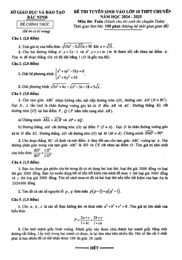 đề tuyển sinh lớp 10 chuyên môn toán (chuyên) năm 2024 – 2025 sở gd&đt bắc ninh