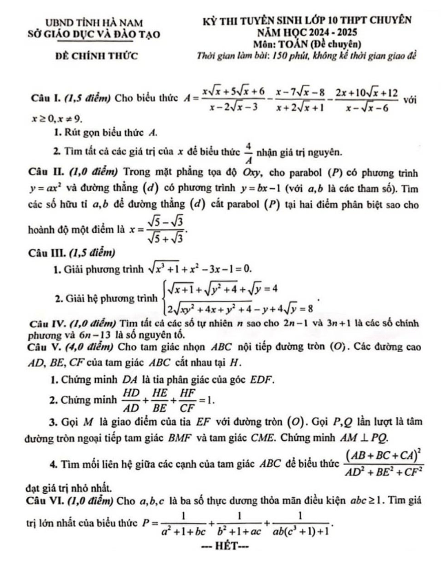 đề tuyển sinh lớp 10 chuyên môn toán (chuyên) năm 2024 – 2025 sở gd&đt hà nam