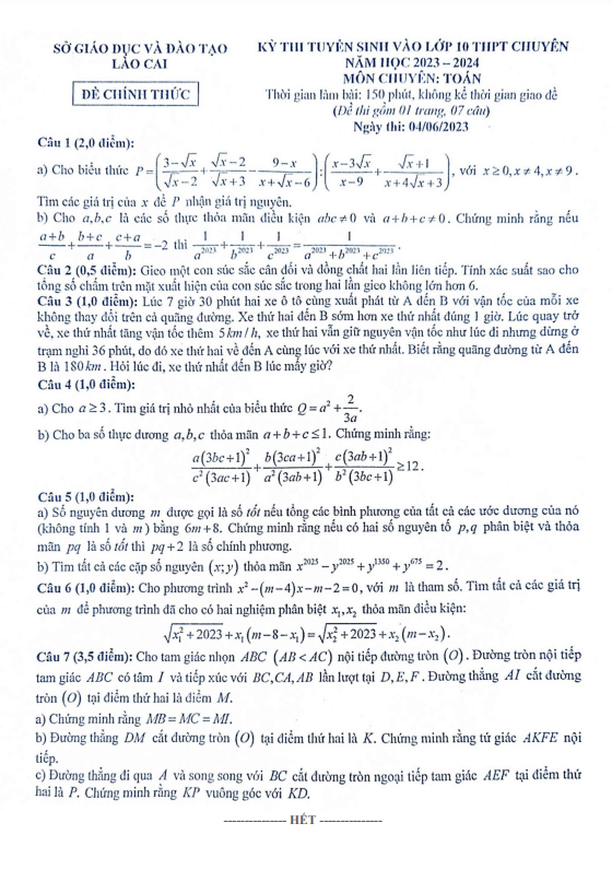 đề tuyển sinh lớp 10 chuyên môn toán năm 2023 – 2024 sở gd&đt lào cai