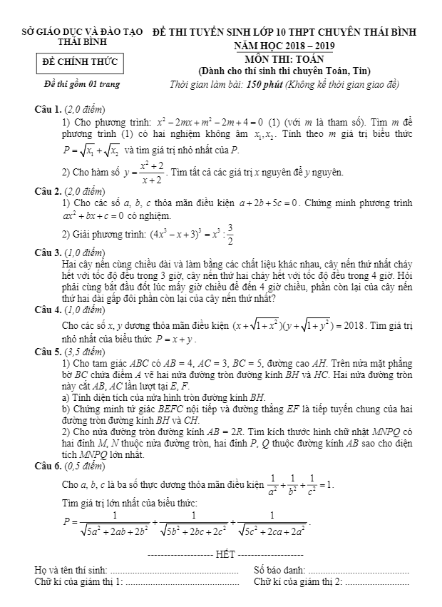 đề tuyển sinh lớp 10 chuyên năm 2018 – 2019 môn toán sở gd và đt thái bình (đề chuyên)