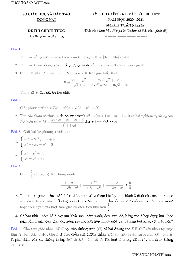 đề tuyển sinh lớp 10 môn toán (chuyên) năm 2020 – 2021 sở gd&đt đồng nai
