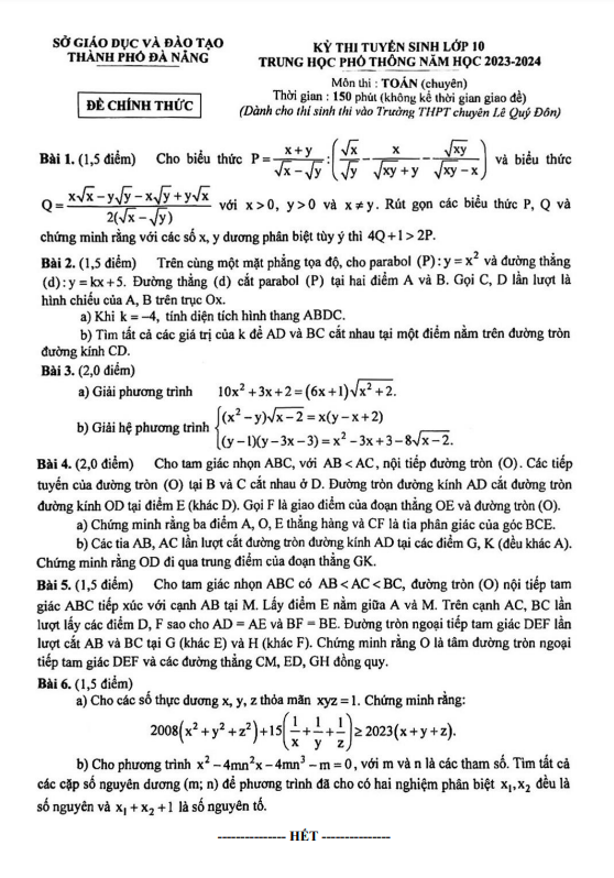 đề tuyển sinh lớp 10 môn toán (chuyên) năm 2023 – 2024 sở gd&đt đà nẵng