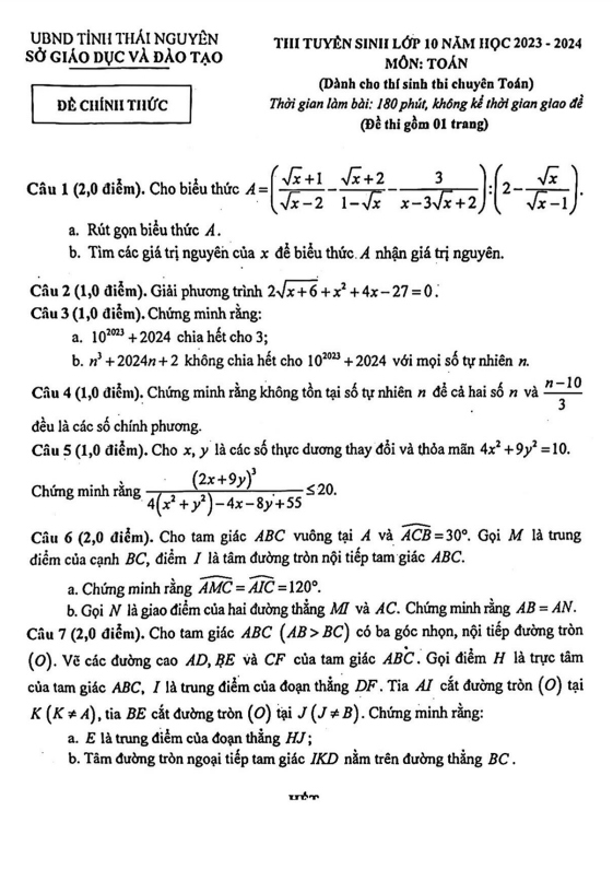 đề tuyển sinh lớp 10 môn toán (chuyên) năm 2023 – 2024 sở gd&đt thái nguyên