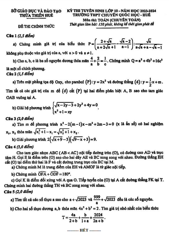 đề tuyển sinh lớp 10 môn toán (chuyên) năm 2023 – 2024 trường chuyên quốc học huế