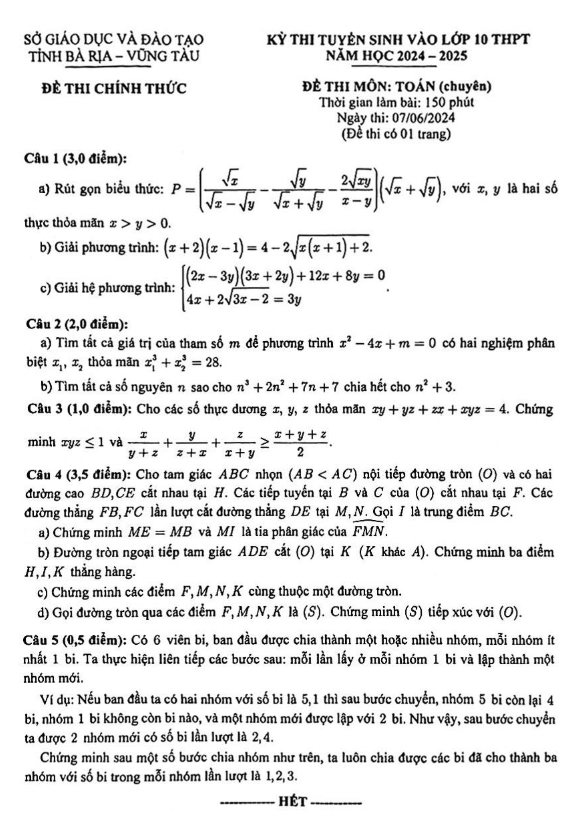 đề tuyển sinh lớp 10 môn toán (chuyên) năm 2024 – 2025 sở gd&đt bà rịa – vũng tàu