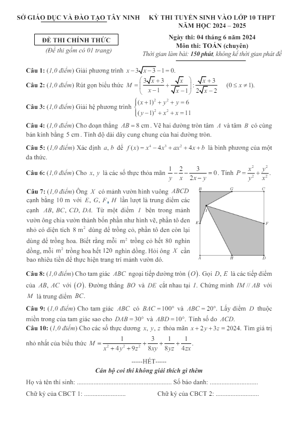 đề tuyển sinh lớp 10 môn toán (chuyên) năm 2024 – 2025 sở gd&đt tây ninh