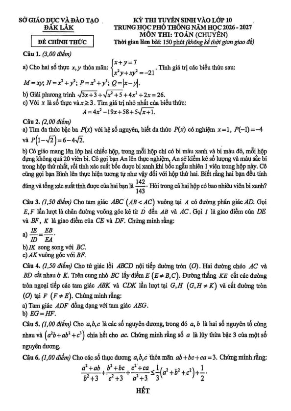 đề tuyển sinh lớp 10 môn toán (chuyên) năm 2026 – 2027 sở gd&đt đắk lắk