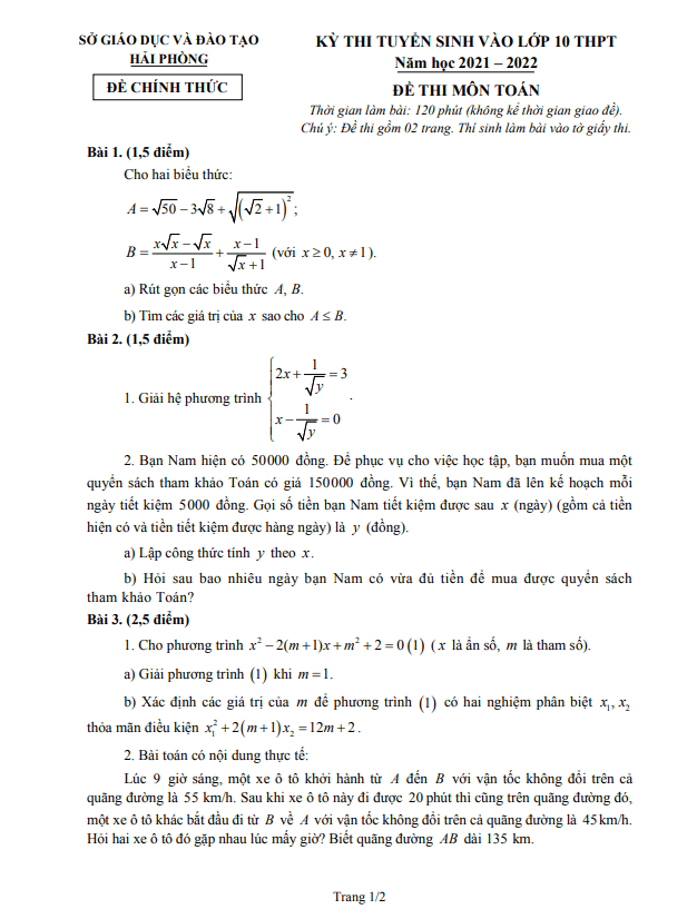 đề tuyển sinh lớp 10 môn toán năm 2021 – 2022 sở gd&đt hải phòng