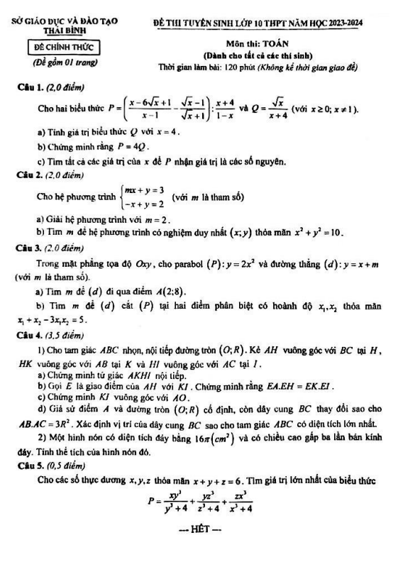 đề tuyển sinh lớp 10 môn toán năm 2023 – 2024 sở gd&đt thái bình