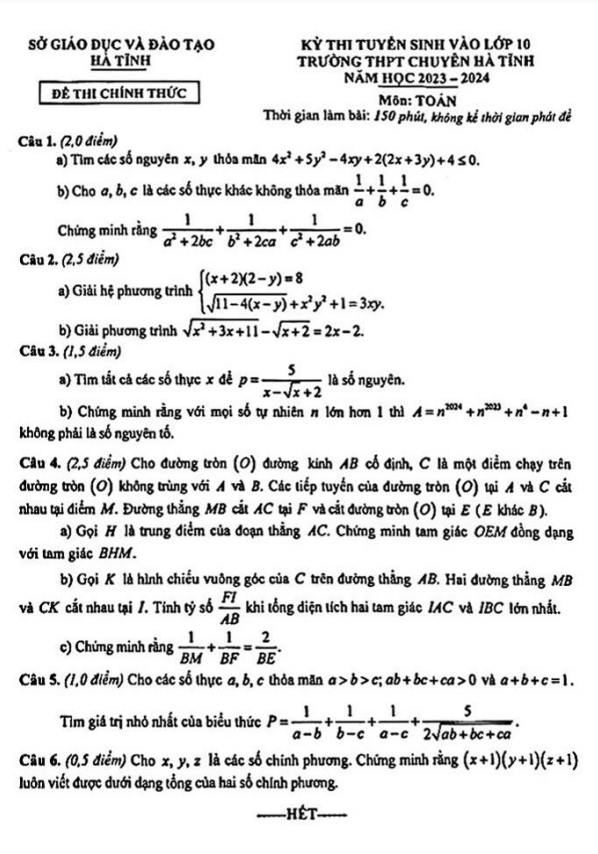 đề tuyển sinh lớp 10 môn toán năm 2023 – 2024 trường thpt chuyên hà tĩnh