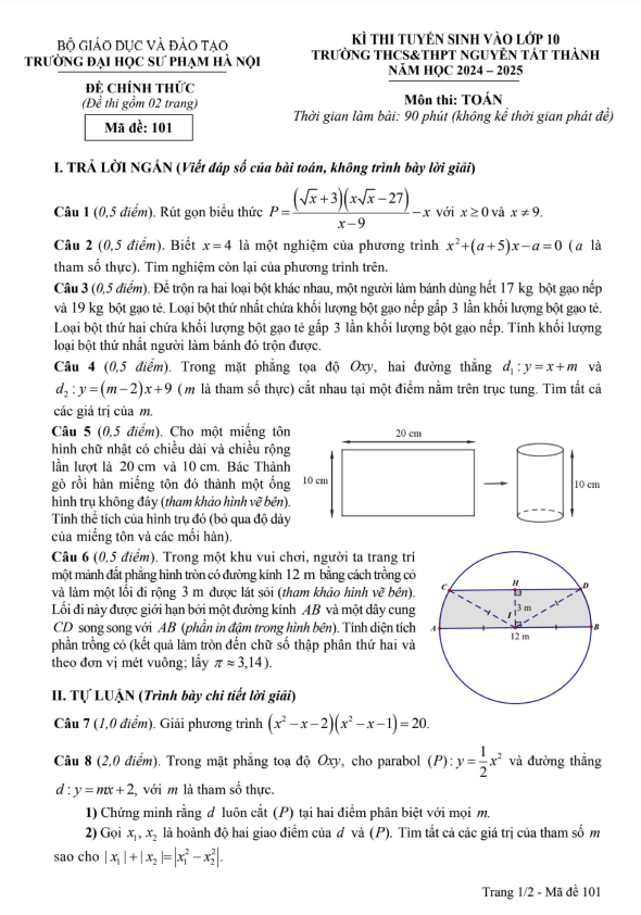 đề tuyển sinh lớp 10 môn toán năm 2024 – 2025 trường nguyễn tất thành – hà nội