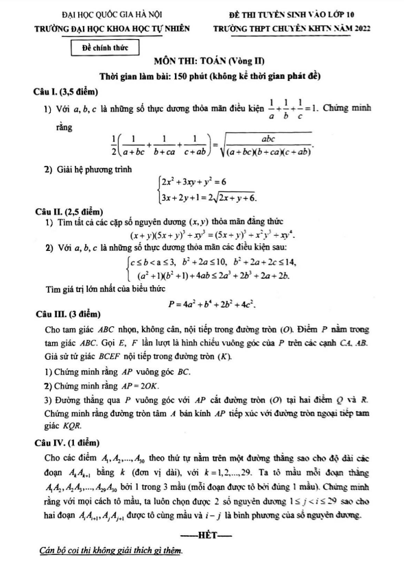 đề tuyển sinh lớp 10 môn toán (vòng 2) năm 2022 trường thpt chuyên khtn – hà nội