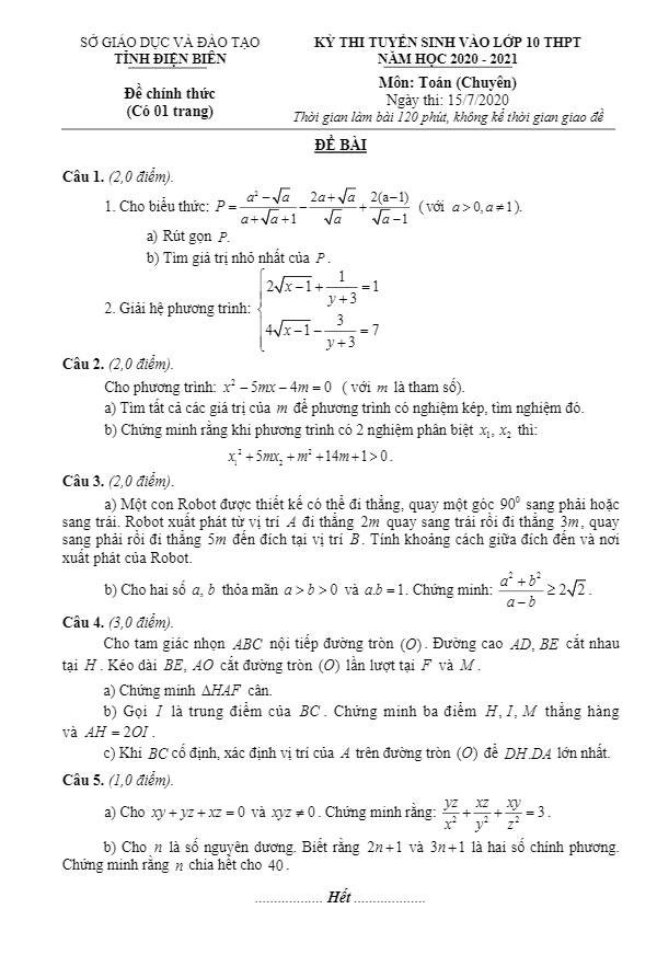 đề tuyển sinh lớp 10 thpt môn toán (chuyên) năm 2020 – 2021 sở gd&đt điện biên