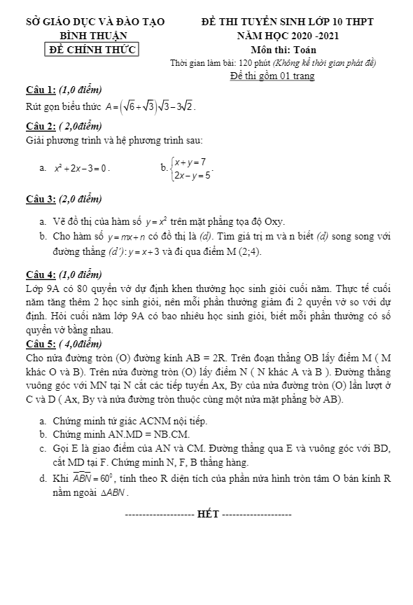 đề tuyển sinh lớp 10 thpt môn toán năm 2020 – 2021 sở gd&đt bình thuận
