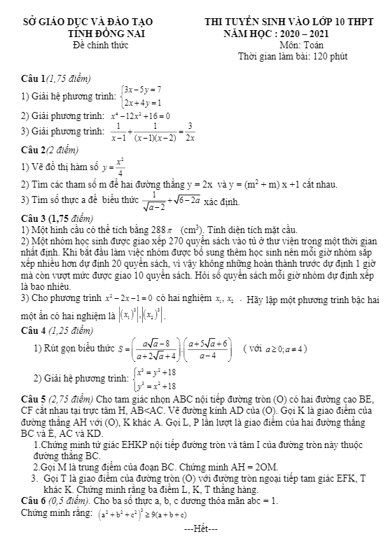 đề tuyển sinh lớp 10 thpt môn toán năm 2020 – 2021 sở gd&đt đồng nai