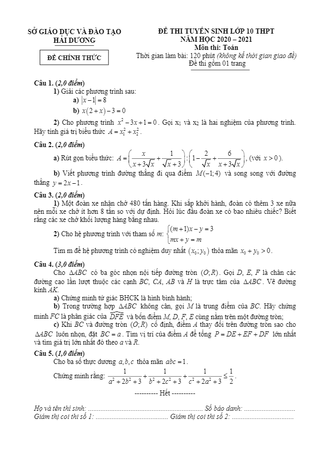đề tuyển sinh lớp 10 thpt môn toán năm 2020 – 2021 sở gd&đt hải dương