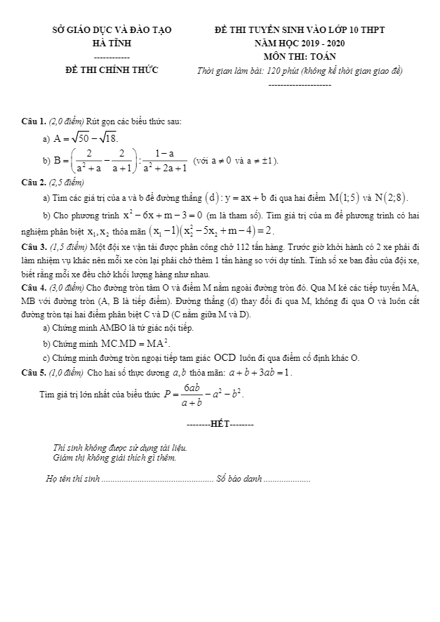 đề tuyển sinh lớp 10 thpt năm 2019 – 2020 môn toán sở gd&đt hà tĩnh