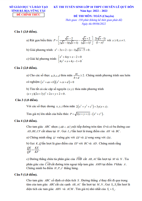 đề tuyển sinh lớp 10 toán (chuyên) 2022 – 2023 trường chuyên lê quý đôn – br vt
