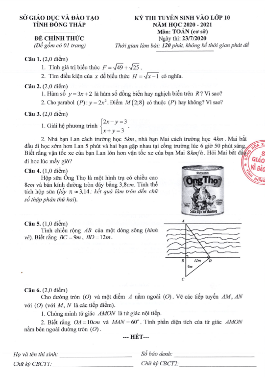 đề tuyển sinh vào 10 môn toán cơ sở năm 2020 – 2021 sở gd&đt đồng tháp