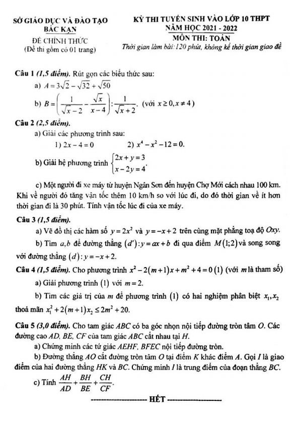 đề tuyển sinh vào lớp 10 môn toán năm 2021 – 2022 sở gd&đt bắc kạn