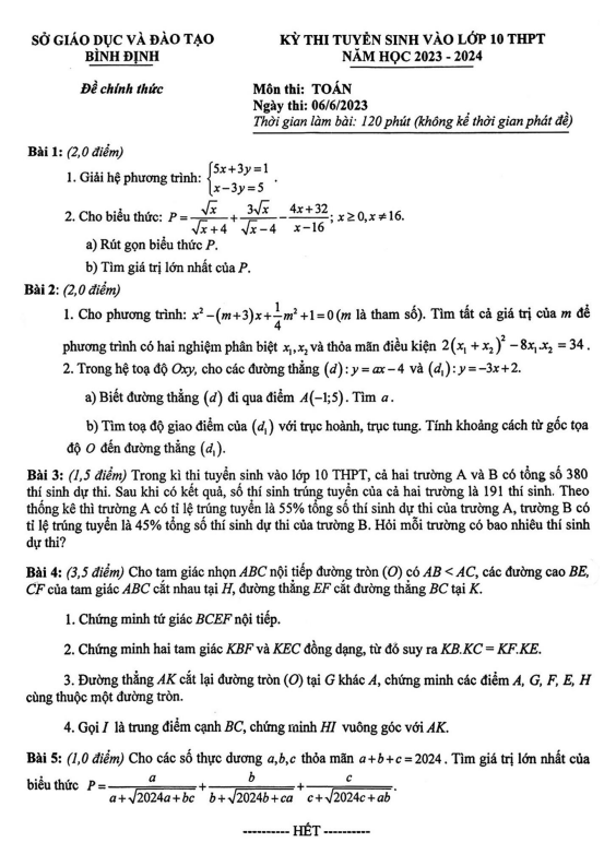 đề tuyển sinh vào lớp 10 môn toán năm 2023 – 2024 sở gd&đt bình định