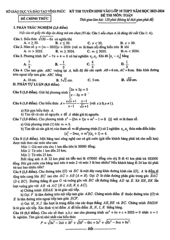 đề tuyển sinh vào lớp 10 môn toán năm 2023 – 2024 sở gd&đt vĩnh phúc