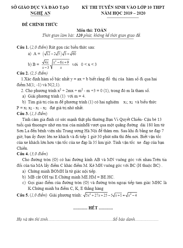 đề tuyển sinh vào lớp 10 năm 2019 – 2020 môn toán sở gd&đt nghệ an