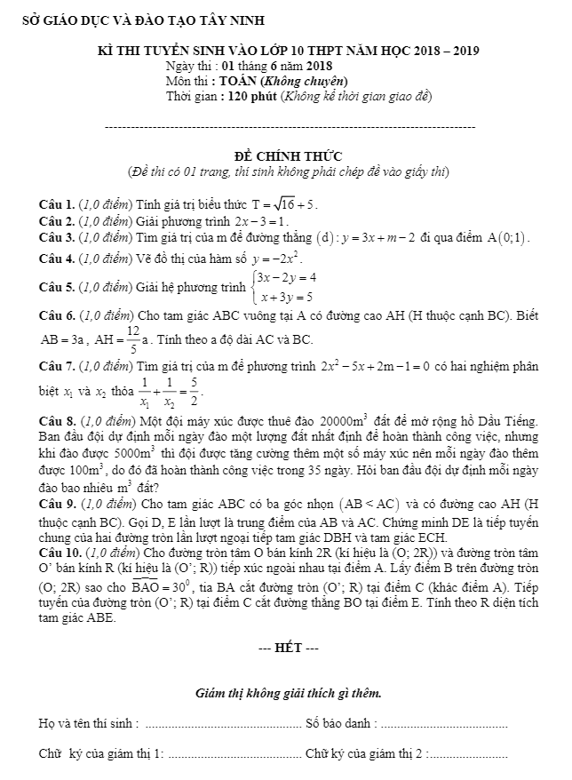 đề tuyển sinh vào lớp 10 thpt 2018 – 2019 môn toán sở gd và đt tây ninh (không chuyên)