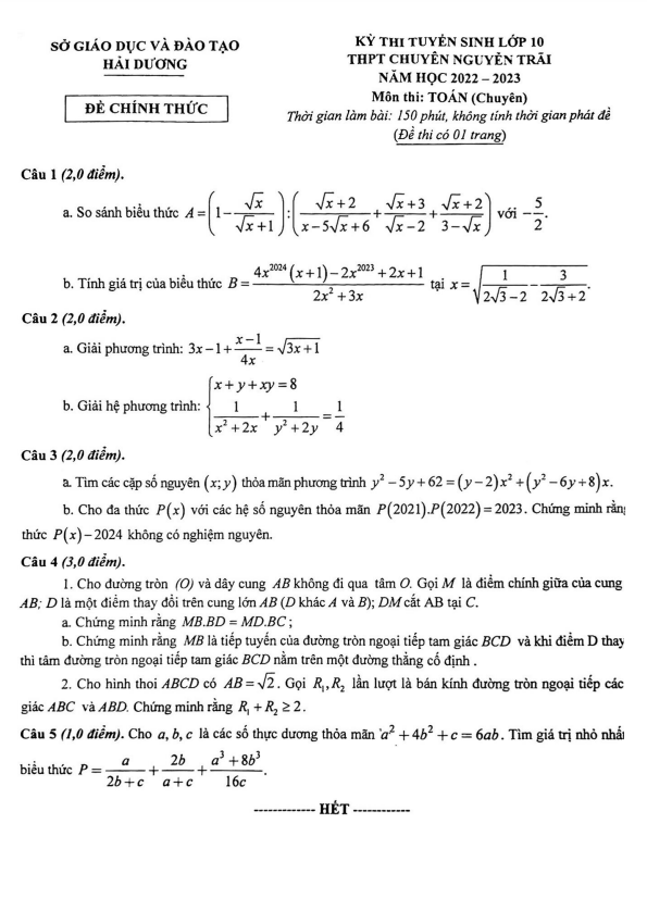 đề vào lớp 10 môn toán (chuyên) 2022 – 2023 trường chuyên nguyễn trãi – hải dương