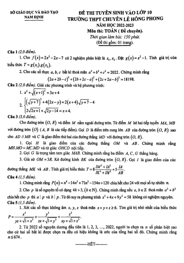đề vào lớp 10 môn toán (chuyên) năm 2022 – 2023 trường chuyên lê hồng phong – nam định