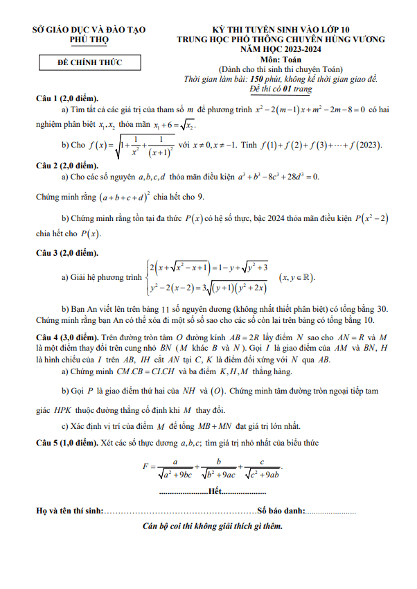 đề vào lớp 10 môn toán (chuyên) năm 2023 – 2024 trường chuyên hùng vương – phú thọ