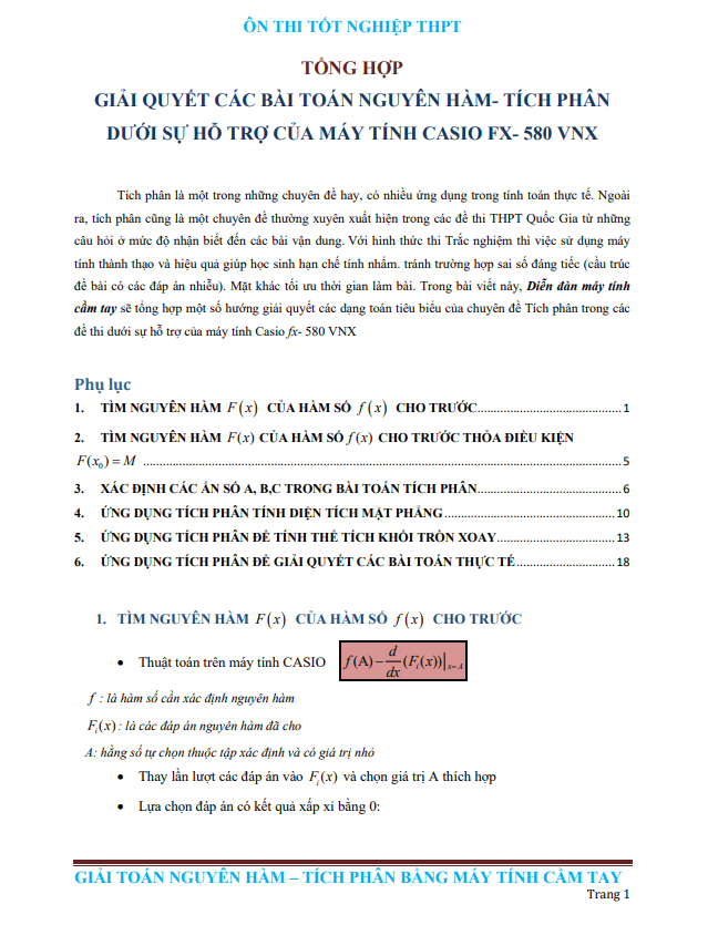 giải bài toán nguyên hàm – tích phân dưới sự hỗ trợ của máy tính casio fx-580 vnx