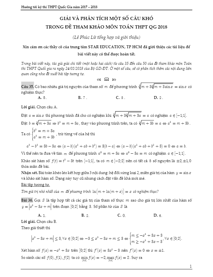 giải và phân tích một số câu khó trong đề tham khảo môn toán thpt qg 2018 – lê phúc lữ