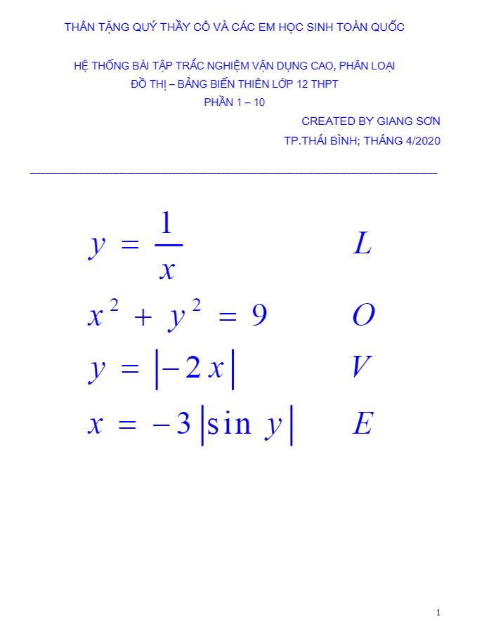 hệ thống bài tập trắc nghiệm vận dụng cao, phân loại đồ thị – bảng biến thiên (phần 1 – 10)