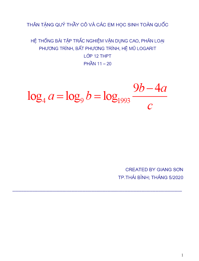 hệ thống bài tập trắc nghiệm vdc pt – bpt – hpt mũ – logarit (phần 11 – 20)