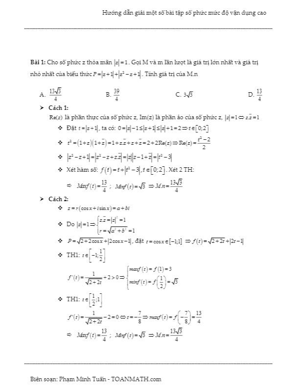 hướng dẫn giải một số bài tập số phức mức độ vận dụng cao – phạm minh tuấn