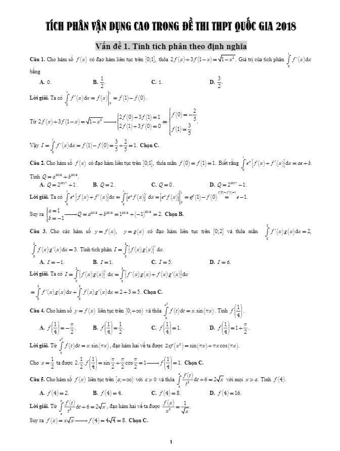 hướng dẫn giải tích phân vận dụng cao trong đề thi thptqg 2018