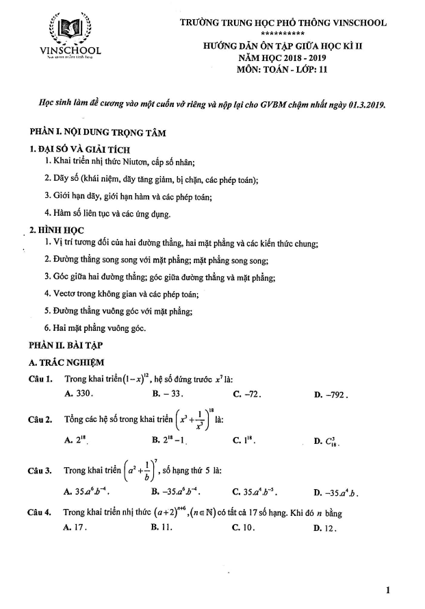 hướng dẫn ôn tập giữa hk2 toán 11 năm 2018 – 2019 trường thpt vinschool – hà nội