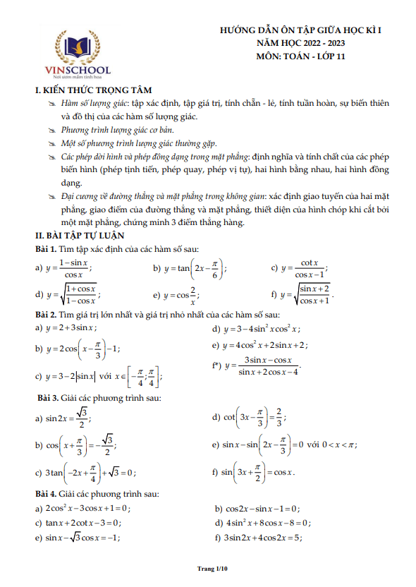 hướng dẫn ôn tập giữa kì 1 toán 11 năm 2022 – 2023 trường vinschool – hà nội